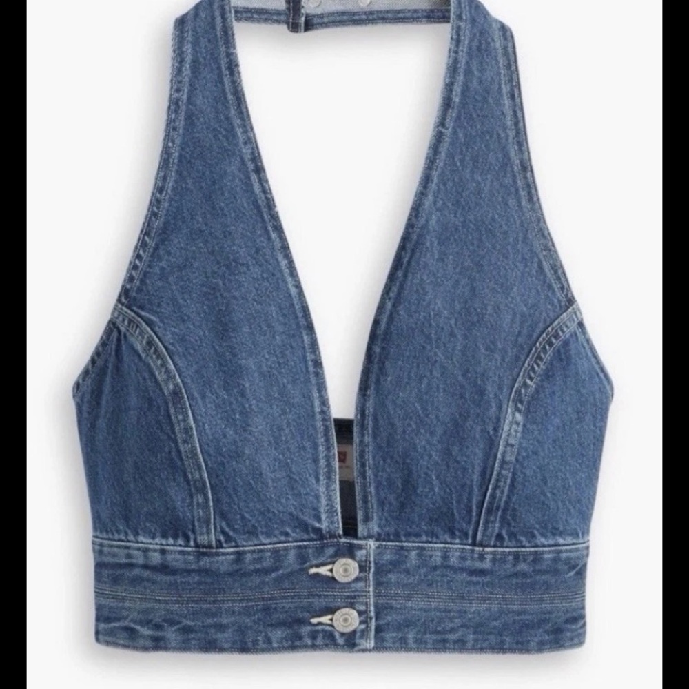Levi's DAISY Denim JEAN Cowgirl Crop Top HALTER Stretch S110786 SIZE Large NWT - Picture 2 of 13